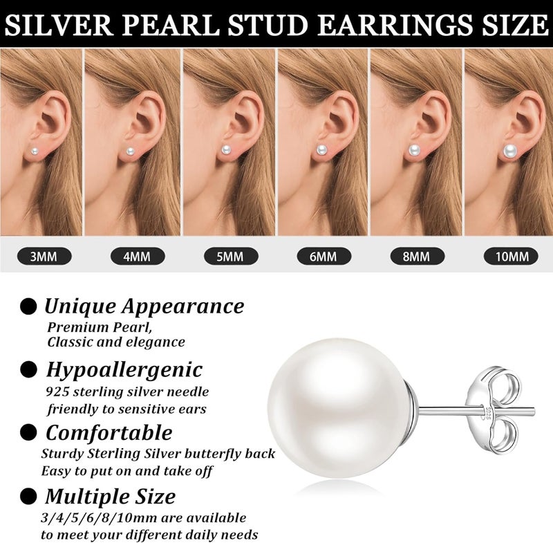 Senteria 925 Sterling Silver Pearl Earrings Studs Set Hypoallergenic Small Stud Earrings Lightweight Shiny Earrings Studs for Women 6 Pairs 3-10MM - Image 5